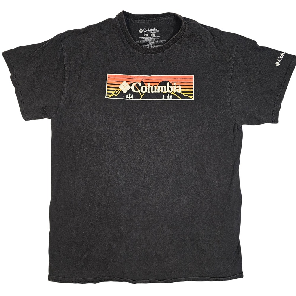 Columbia Mens Graphic T-Shirt Black Sunset Mountain Logo Cotton Tee Large L